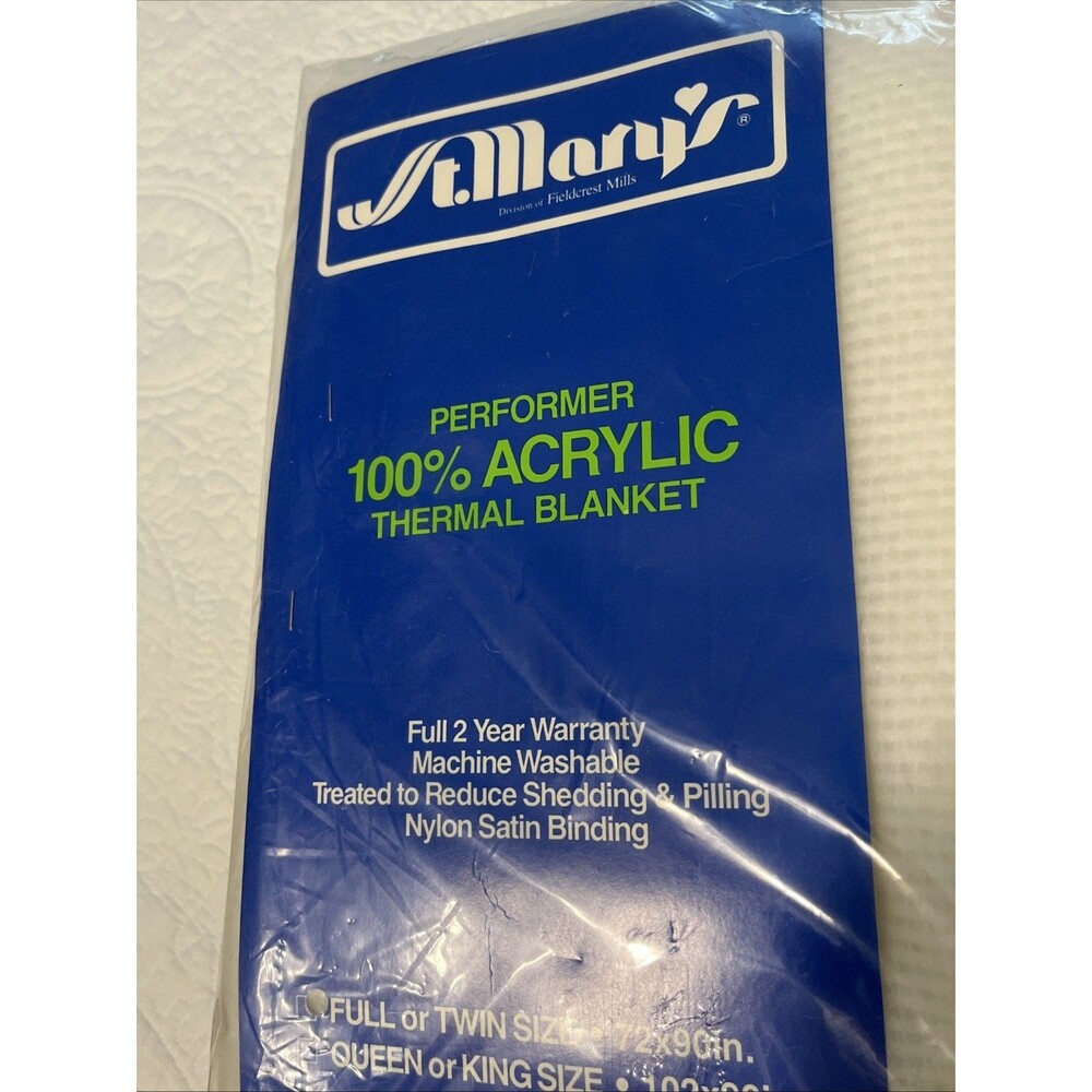 Vtg St. Marys Fieldcrest Mills Full Twin 72x90 Acrylic Blanket WHITE Made In USA - Picture 3 of 8